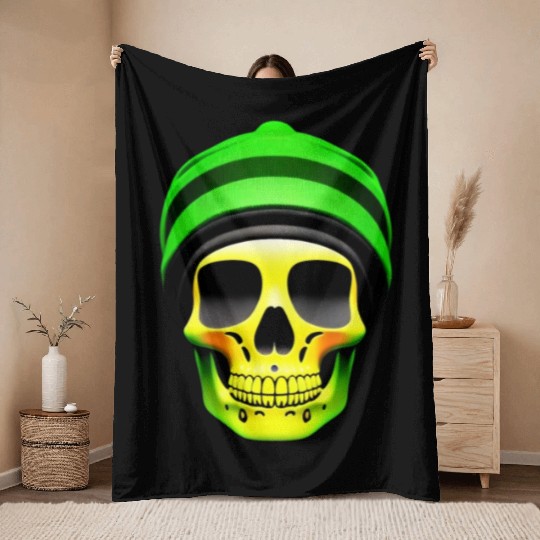 "Green Beanie Skull" Throw Blankets