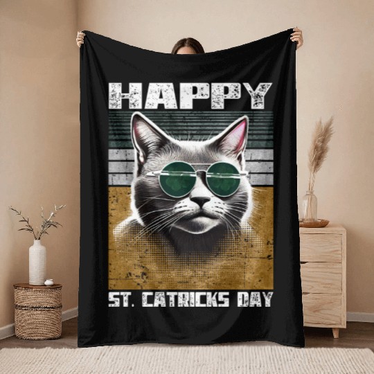 Happy St. Catricks Day Grey Cat Saint Patrick Gift Throw Blankets