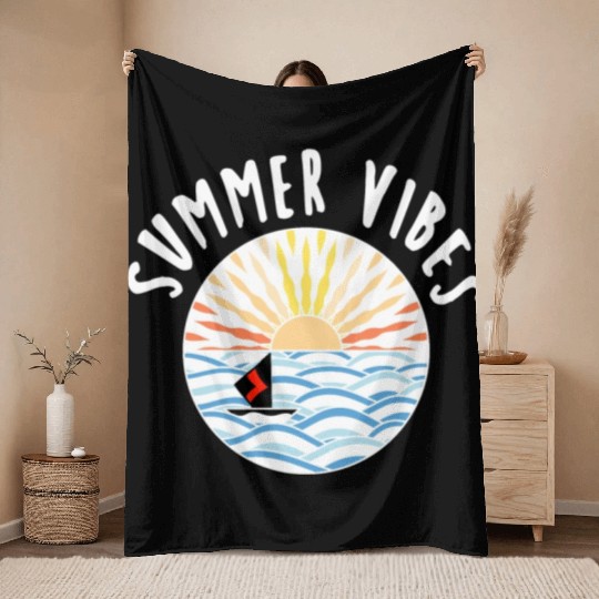 illustration sun sea boat summer vibes Throw Blankets