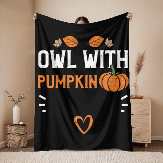 Owl With Pumpkin - Pumpkin Throw Blankets