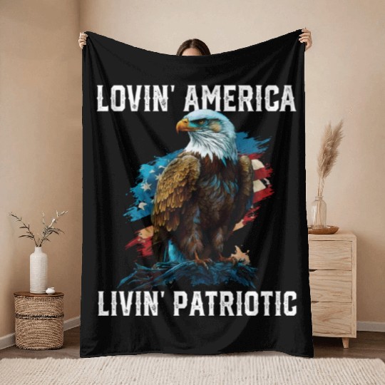 Lovin America Livin Patriotic American Bald Eagle Throw Blankets