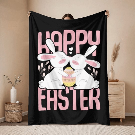 Happy Easter Motif Easter Eggs Funny Easter Bunny Throw Blankets