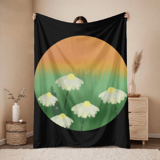 Daisy Garden Scenery With Sunset Throw Blankets