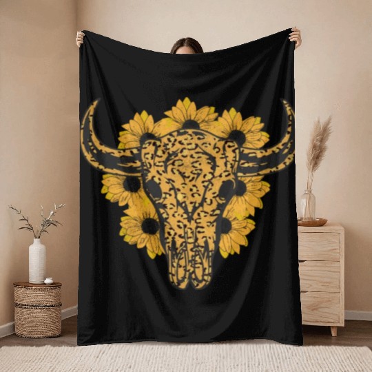 Bull Skull Sunflower Throw Blankets
