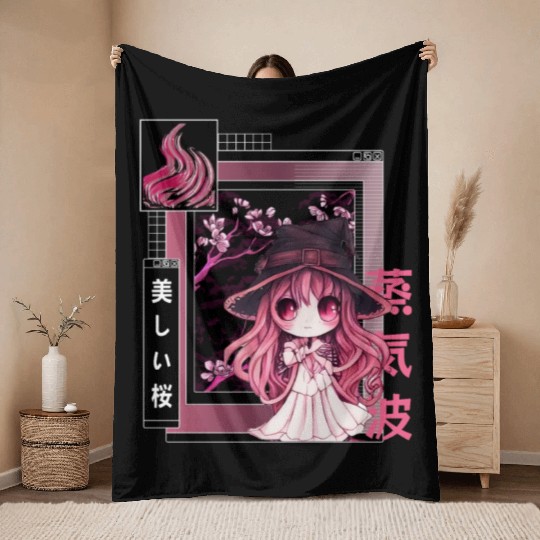 Witch Chibi Japanese Vaporwave Aesthetic Pastel Go Throw Blankets
