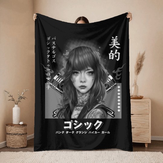Motorcycle Biker Japanese Alt Aesthetic Soft Grung Throw Blankets