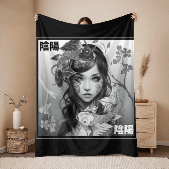 Yin Yang Koi Fish Gothic Emo Japanese Cherry Bloss Throw Blankets
