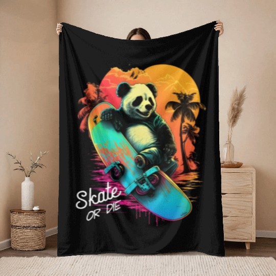 Cool Retro Panda Skateboard Neon Gift Throw Blankets