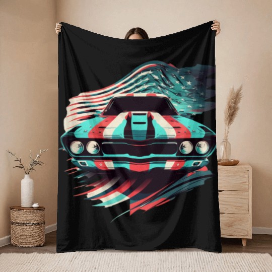 Muscle car american flag backround Throw Blankets
