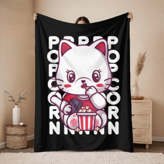 Cat Eating Popcorn Throw Blankets