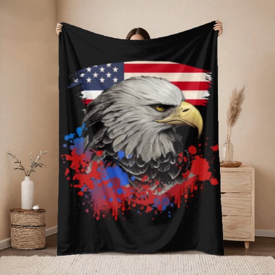 Bald Eagle Patriotic American Bird US Flag Throw Blankets