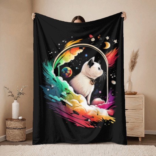 Space Cat on Galaxy Cat Lover Throw Blankets