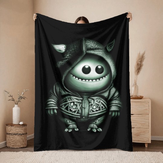 Goofy Looking Monster Green Throw Blankets