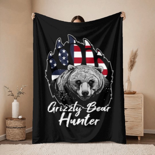 US Flag Grizzly Bear Hunting Patriotic Hunters Throw Blankets