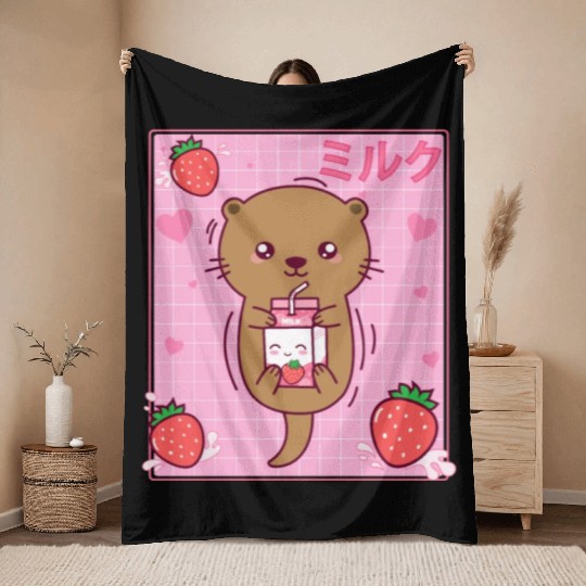 Kawaii Sea Otter Strawberry Milk Shake Otaku Throw Blankets