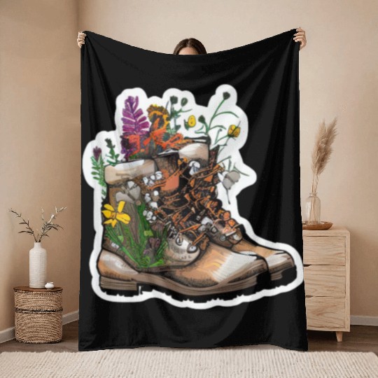 Wildflower Hiking Boot: Find Your Path! Throw Blankets