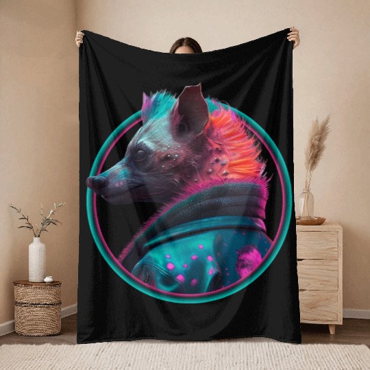 Punk hyena in leather jacket Throw Blankets
