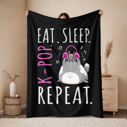 Eat Sleep K Pop Repeat Kawaii Cat Listening Music Throw Blankets