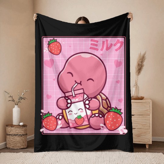 Kawaii Turtle Lover Strawberry Milk Shake Otaku Throw Blankets
