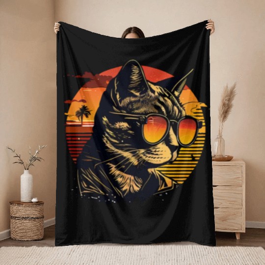 Retro Cat Vintage Sunset 80s 90s Sunglasses Party Throw Blankets