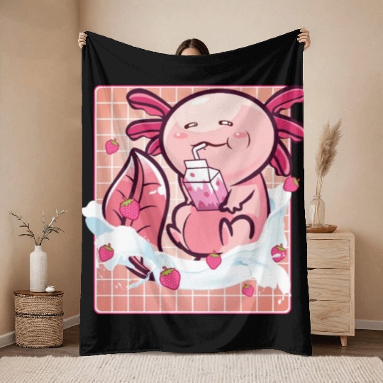 Kawaii Axolotl Strawberry Milk Shake Funny Sushi Throw Blankets