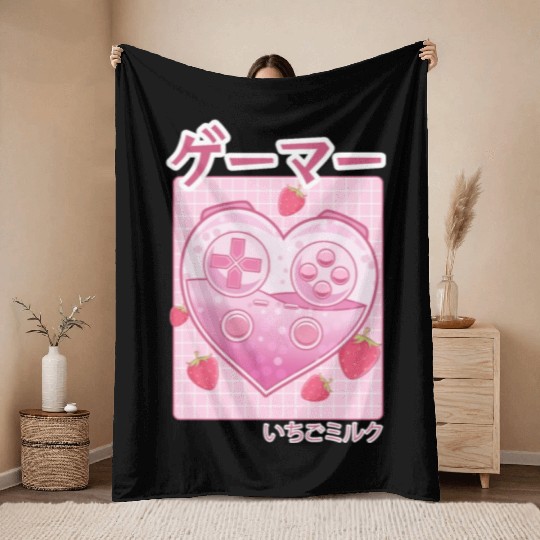 Video Gamer Japanese Kawaii Strawberry Milk Anime Throw Blankets