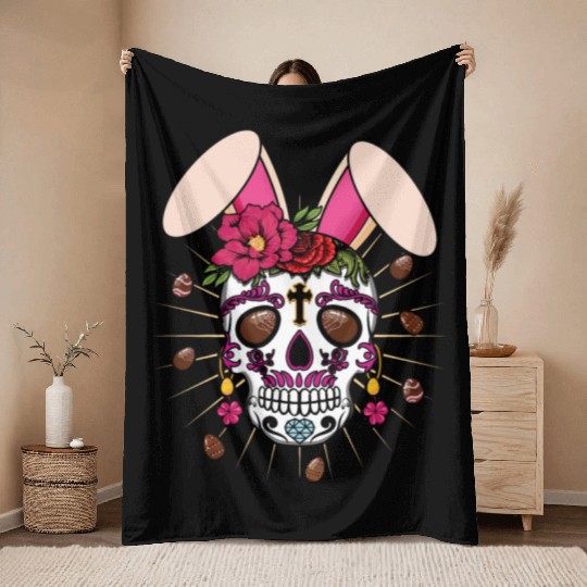 Happy Easter Sunday Bunny El Dia De Los Muertos Throw Blankets