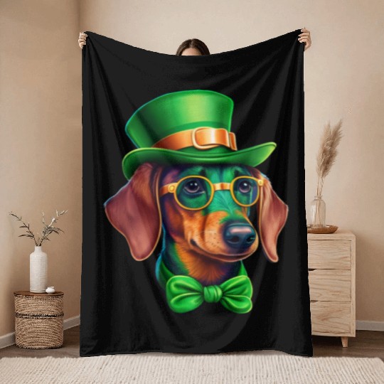 St. Patricks Day Dachshund Wiener Dog Shamrock Throw Blankets