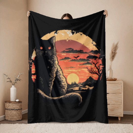 Catzilla Vintage Funny Cute black Cat Art Japanese Throw Blankets