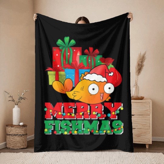 Merry Fishmas Christmas Fish Lover Fisherman Ugly Throw Blankets