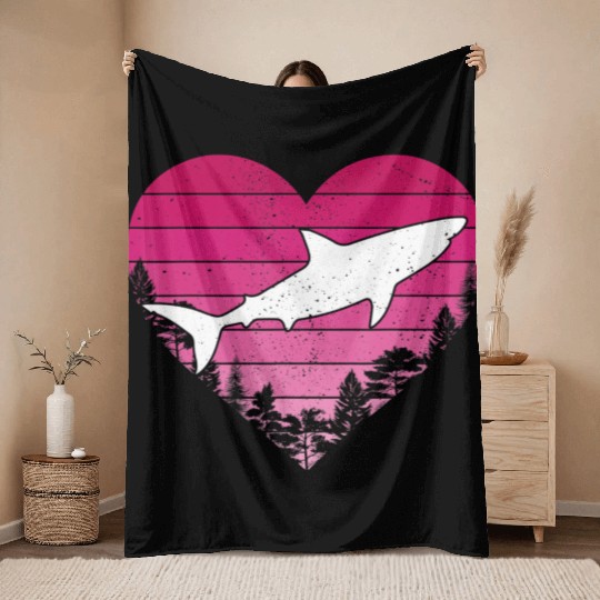 Shark Fish Lover Retro Vintage Heart Shark Valenti Throw Blankets