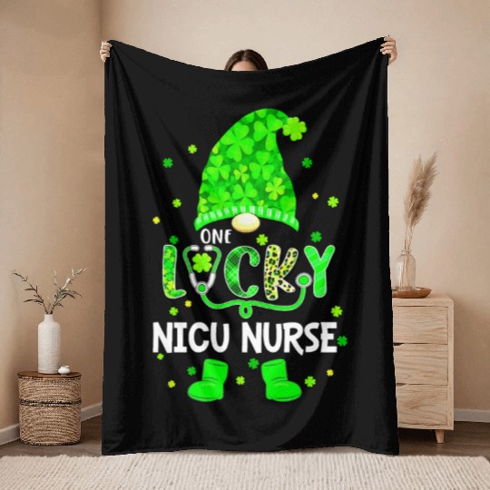 Funny Gnome One Lucky NICU Nurse St Patricks Day S Throw Blankets