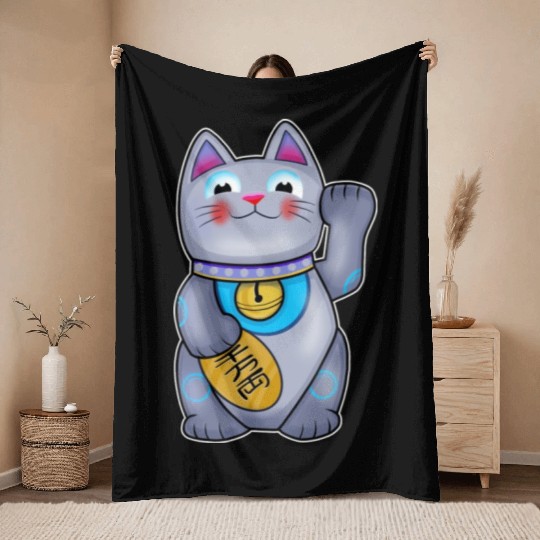 Cute Helpful Maneki Neko Lucky Cat Throw Blankets