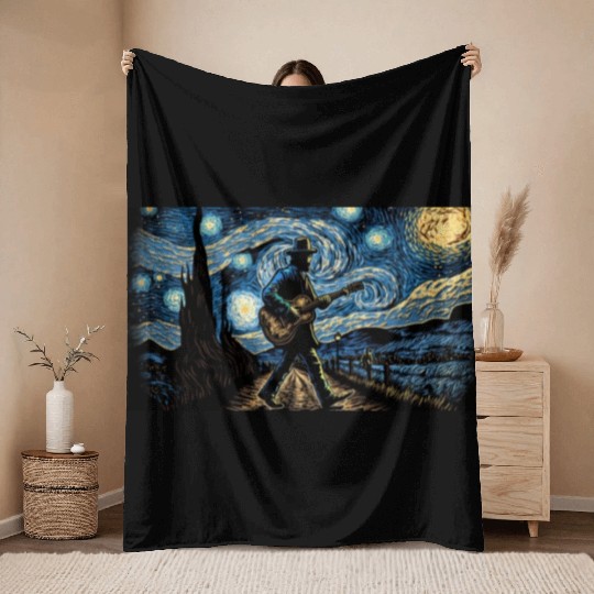 man walking with a guitar van gogh style Throw Blankets