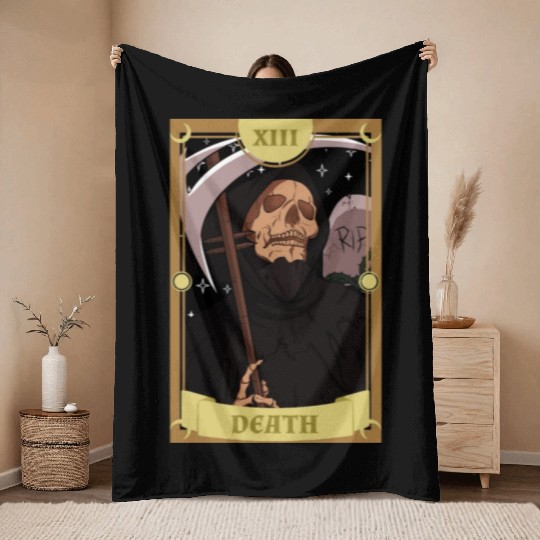 Anime Tarot Card Death Grim Reaper Occult Gothic W Throw Blankets