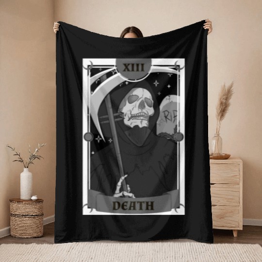 Anime Tarot Card Death Grim Reaper Occult Gothic W Throw Blankets