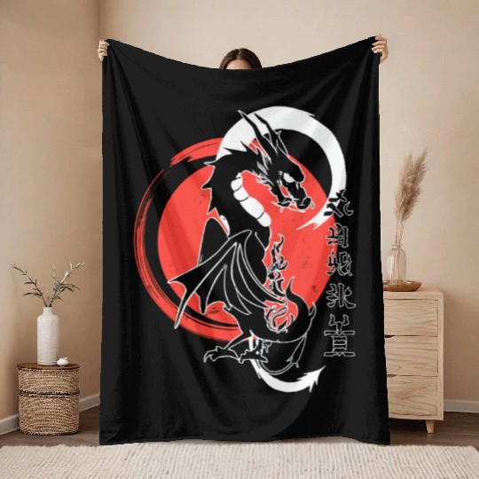 Black dragon, red moon Throw Blankets