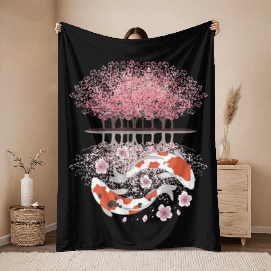 Koi Sakura Tree Upside Down Cherry Blossom Japanes Throw Blankets