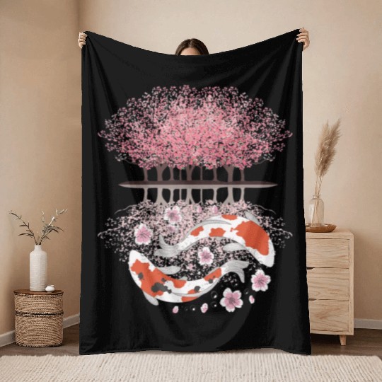 Koi Sakura Tree Upside Down Cherry Blossom Japanes Throw Blankets