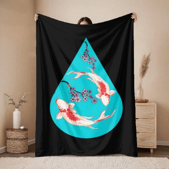 Serenity Koi Fish Raindrop Cheri Blossom Zen Throw Blankets