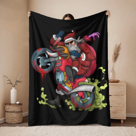 Zombie Biker Santa Motorcycle Christmas Throw Blankets