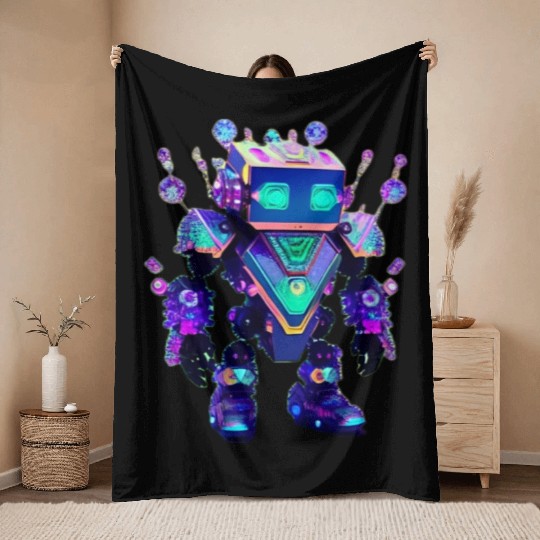 Gemstone Guardian Robot Made of Sparkling Crystals Throw Blankets