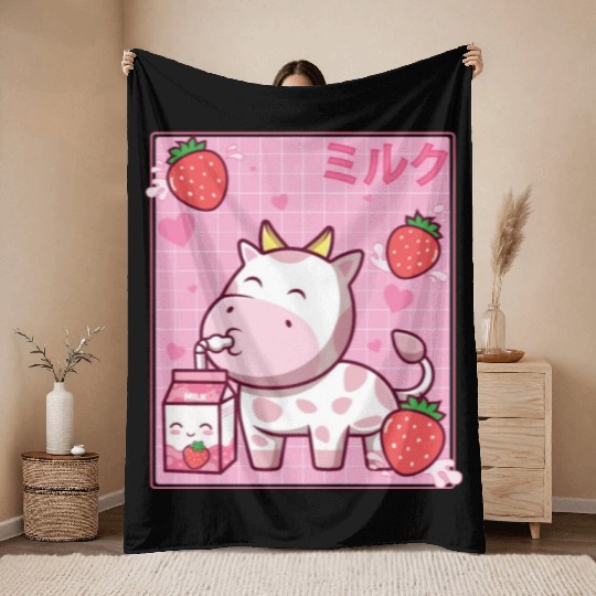 Kawaii Pink Strawberry Cow Milk Shake Otaku Anime Throw Blankets