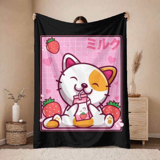 Kawaii Kitten Cute Cat Strawberry Milk Shake Throw Blankets