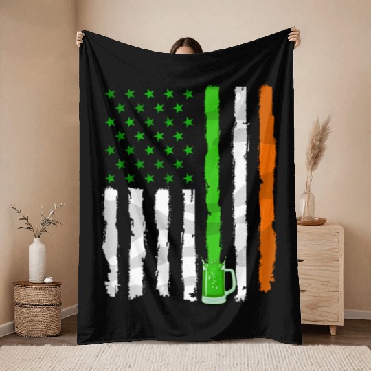 Irish American Flag Draft Beer Shamrock St Patrick Throw Blankets