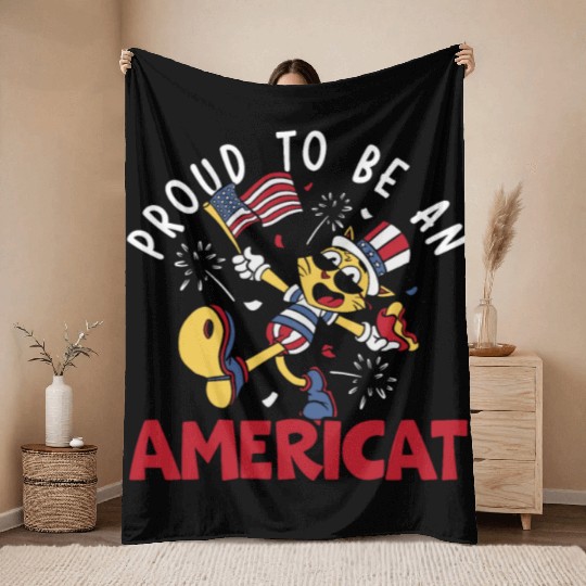 Proud To Be An Ameri-cat America 4th Of July Throw Blankets