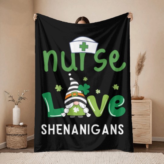 Nurses Love Shenanigans Gnomes Shamrock Throw Blankets