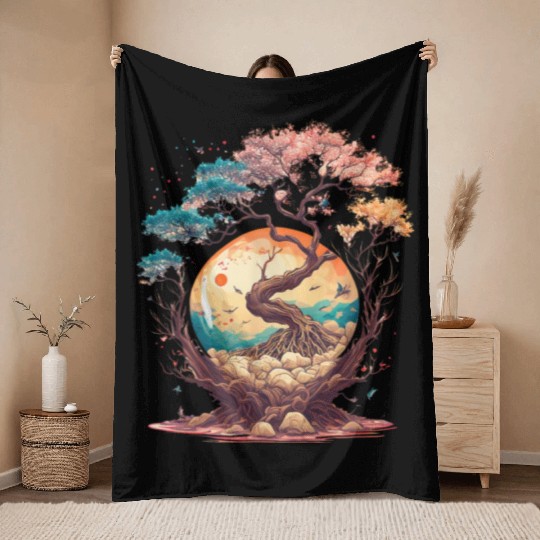 Japanese tree of life cherry blossom flowers Japan Throw Blankets