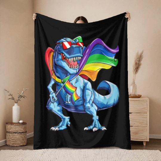 Dinosaur gay pride flag lgbt lesbian bisexual Throw Blankets