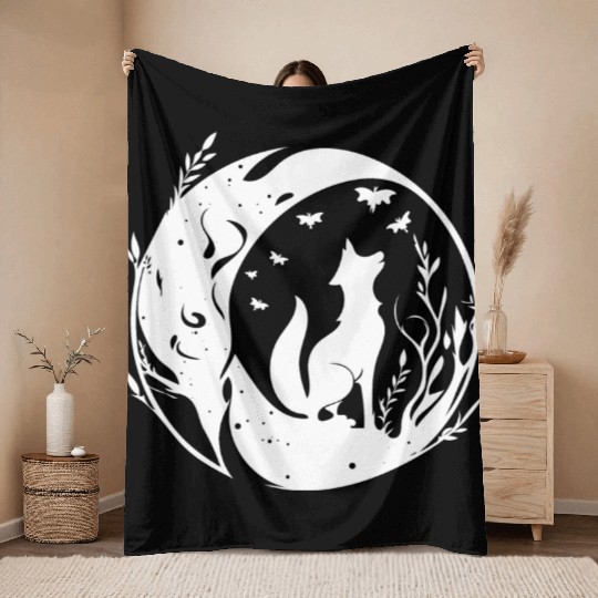 Pretty Cute Tattoo Style Fox In The Moon Throw Blankets